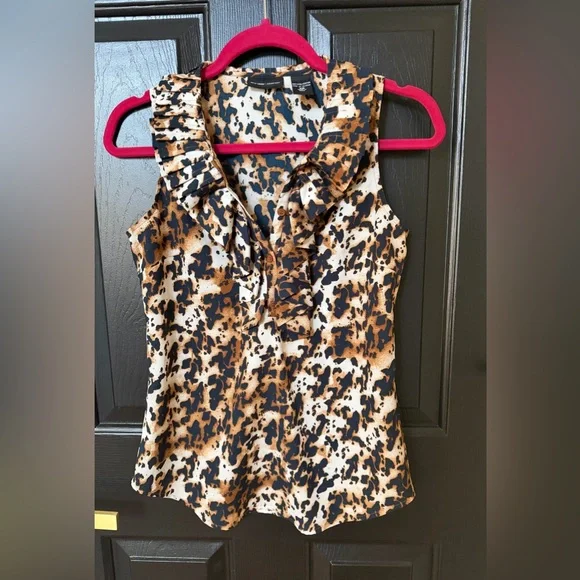 New York & Company Sleeveless Ruffle Leopard-Print Blouse - Tan & Black - Picture 3 of 9